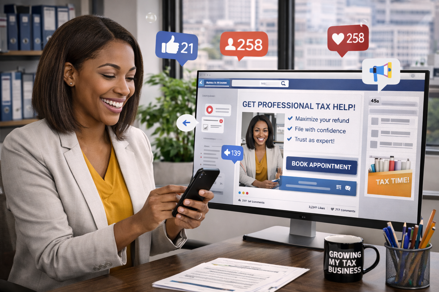 Tax professionals planning social media marketing and growth for a tax business